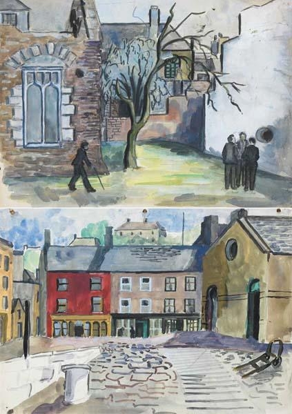Artwork by Sylvia Cooke-Collis, 2 WORKS: FIGURES OUTSIDE A RUINED CHURCH and FISHING VILLAGE IN WEST CORK, Made of Watercolour and gouache on paper