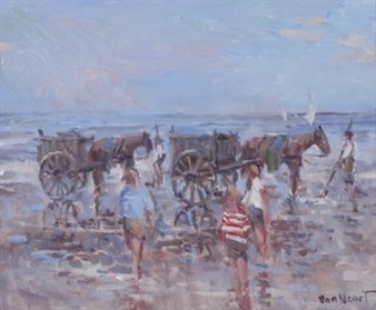 Horse and cart and bathers on the beach - Arie C. Van Noort