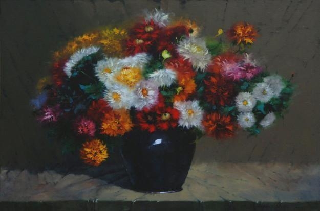 Artwork by Hennie Griesel, STILL LIFE WITH FLOWERS, Made of canvas laid down on board