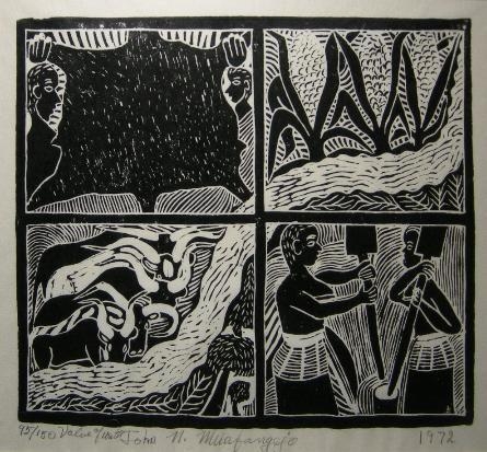 Artwork by John Ndevasia Muafangejo, THE VALUE OF WATER, Made of linocut