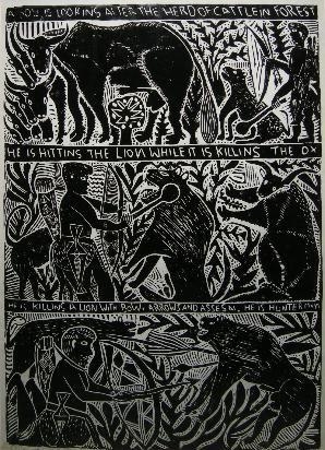 A SHEPHERD by John Ndevasia Muafangejo, 1968