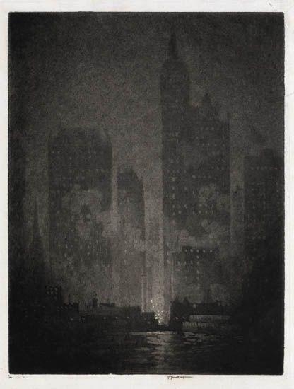 Cortland Street Ferry,1908,New York City,NYC,Cityscape,Skyscraper,Joseph Pennell 