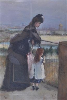 Mother and young girl on a balcony overlooking the town - F. Vinci