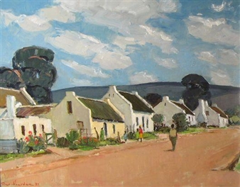A sun-drenched rural village scene with a row of white houses and a dusty road.