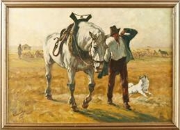 A farmer with horse and dog on the field - G. Meier