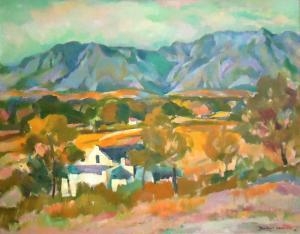 A vibrant landscape painting of a rural valley with rolling hills and distant mountains.
