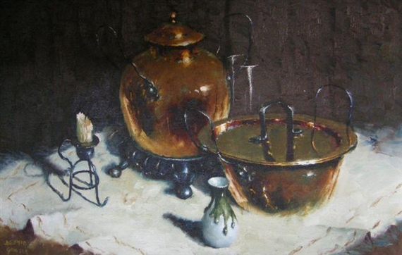 STILL LIFE WITH COPPER POTS by Hennie Griesel