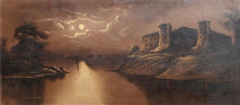 A moody nocturnal landscape featuring a castle by the water under a cloudy moonlit sky.