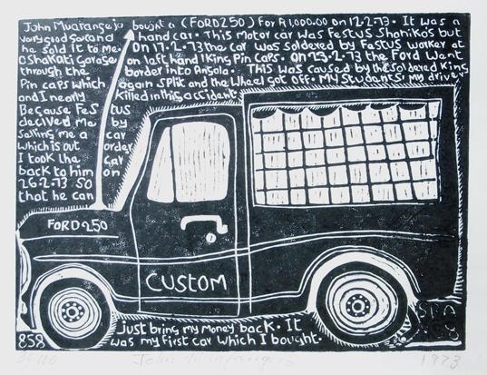 THE FORD 250 by John Ndevasia Muafangejo, 1973
