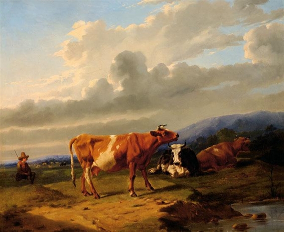 Shepherd with his cows on the waterside in a mountainous landscape by Rosa Venneman, 1860
