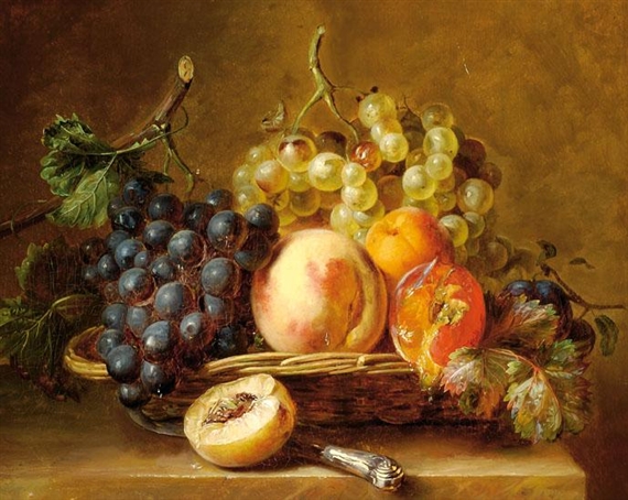 Still life with fruit in a basket and a knife on a ledge by Adriana Johanna Haanen