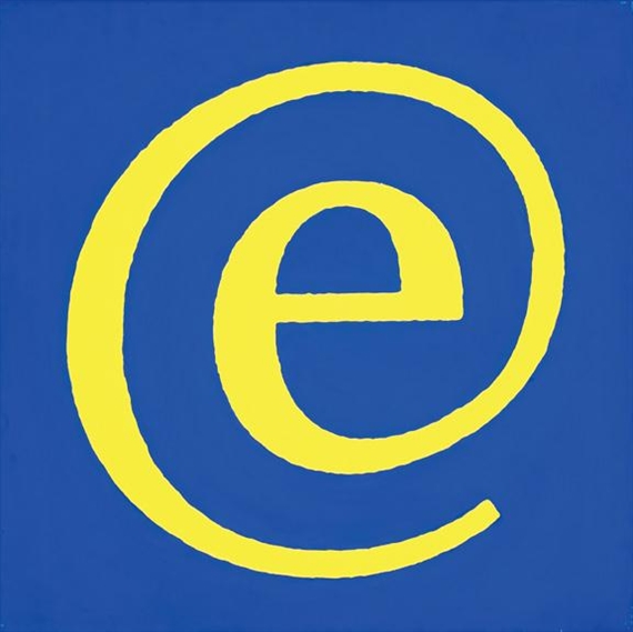 Four acrylic paintings depicting typographic symbols in yellow against blue fond by Rob Scholte, 1999