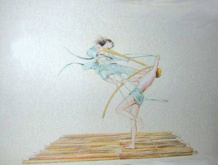 Artwork by Corstiaan de Vries, Compostion of man and woman playing with pencils, Made of Pencil