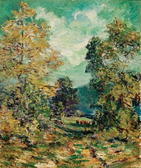 Mountain landscape with trees and cows - William Henry Singer