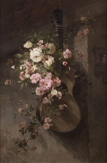 Still life with guitar and roses by Frans Oerder