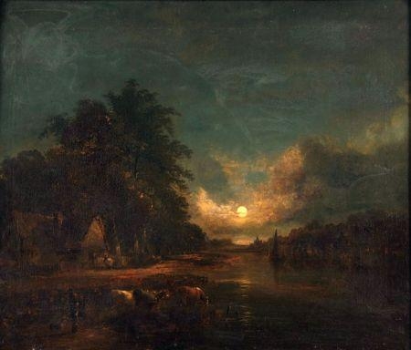 Artwork by John Berney Crome, Moonlit River Landscape with Cattle Watering, Figures and Cottage, Made of Oil on Canvas