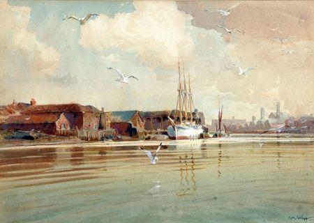 A Timber Boat, Yarmouth at the Meeting of River Yare and River Bure by Charles Mayes Wigg, 1935