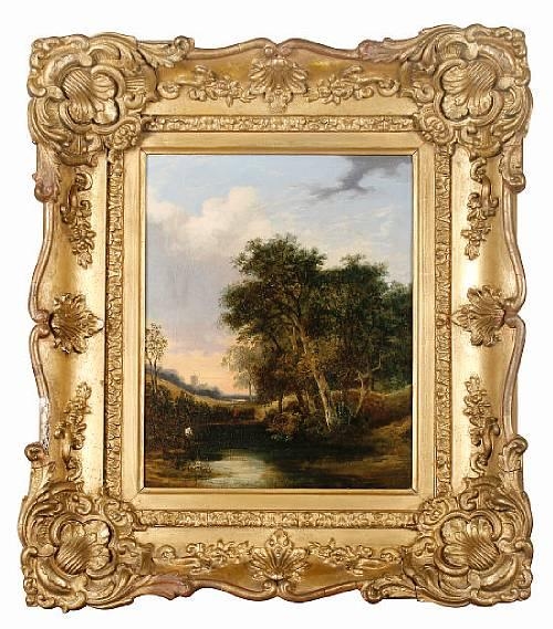 Figures in a woodland landscape with windmill beyond by John Berney Crome