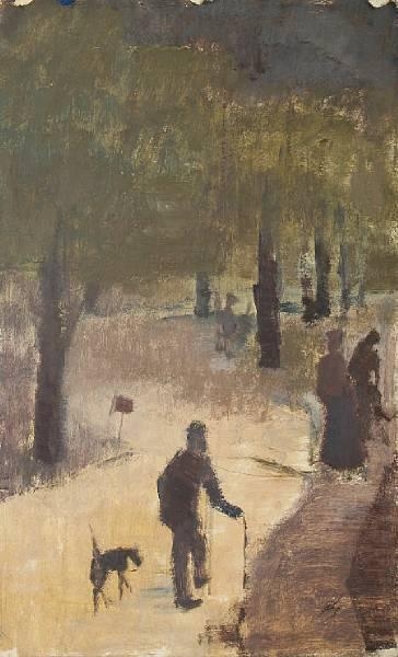 Artwork by John Edward Croney, 2 works: A man and his dog in the park; A crowded park, Made of Oil on card
