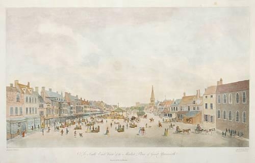 2 works: A South East View of the Market Place in Great Yarmouth; A North West View of the Quay of Great Yarmouth - John Butcher