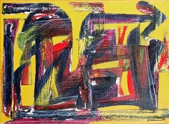 An abstract composition featuring a stylized chair-like figure against a vibrant yellow background.