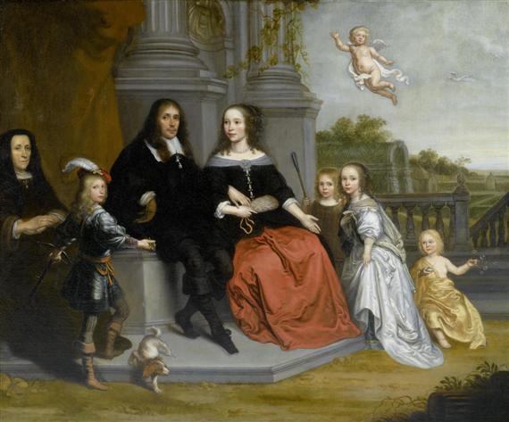Family portrait with putto before a garden landscape by Jan Victors, 1640