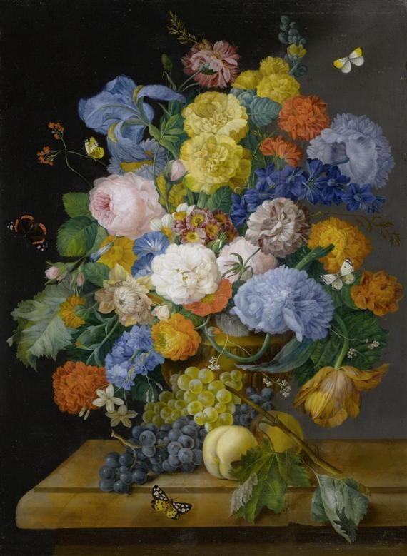 Artwork by Peter Karmann, Still life of flowers with butterflies, Made of Oil on panel