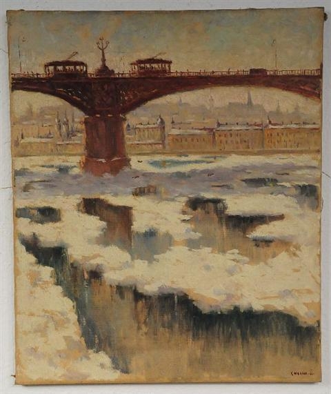 Artwork by Ödön Guzsik, Duna River, Margit Bridge, Made of Oil on Canvas