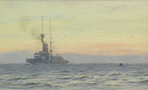 H.M.S. Britannia passing the light-buoy at dusk by Alma Claude Burlton Cull, 1922