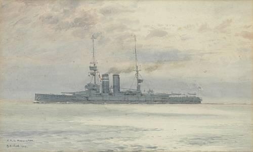 H.M.S. Hindustan at sea by Alma Claude Burlton Cull, 1922