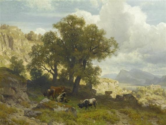 Cows in a broad landscape by Arnold Steffan, 1877