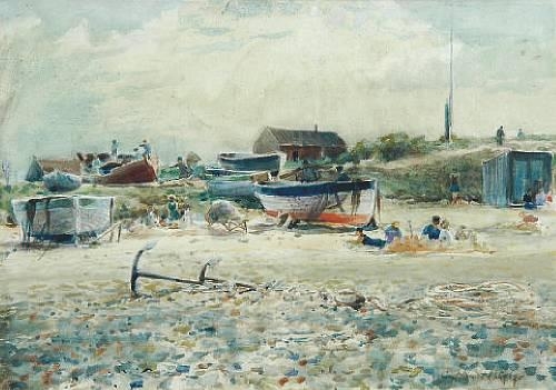 Figures and boats on the beach, and 1 companion work by Charles Mayes Wigg