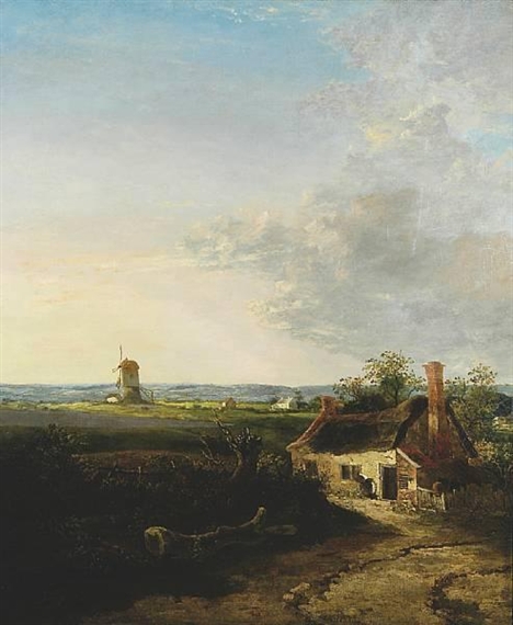 Extensive landscape with cottages and windmill by John Berney Crome
