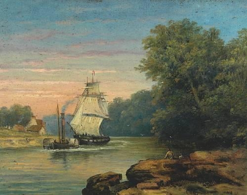 A paddlesteamer towing a ship up river by Christopher Mark Maskell