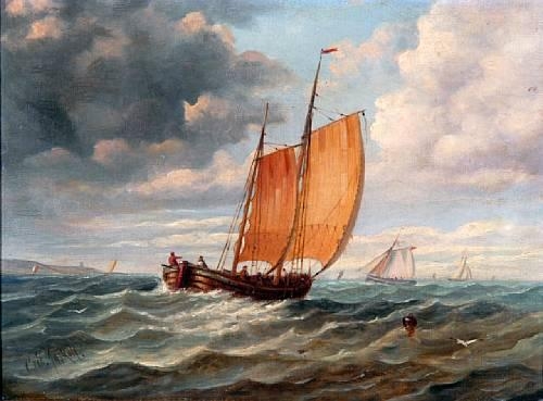 Boats off the coast in a choppy sea by Christopher Mark Maskell