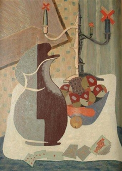 Still life of jug, bowl of fruit and playing cards - L.a. Bates