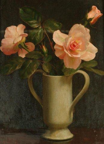 Still life of pink roses in a white jug by John Bulloch Souter