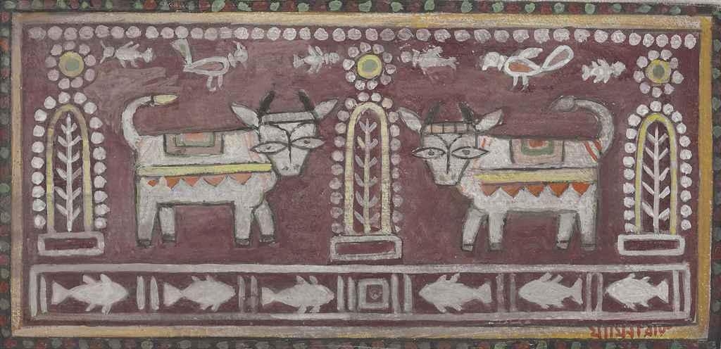 Artwork by Jamini Roy, Untitled (Two Cows), Made of Gouache on card