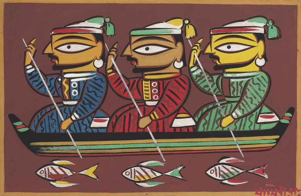 Artwork by Jamini Roy, Untitled (Three Boatmen), Made of Gouache on card