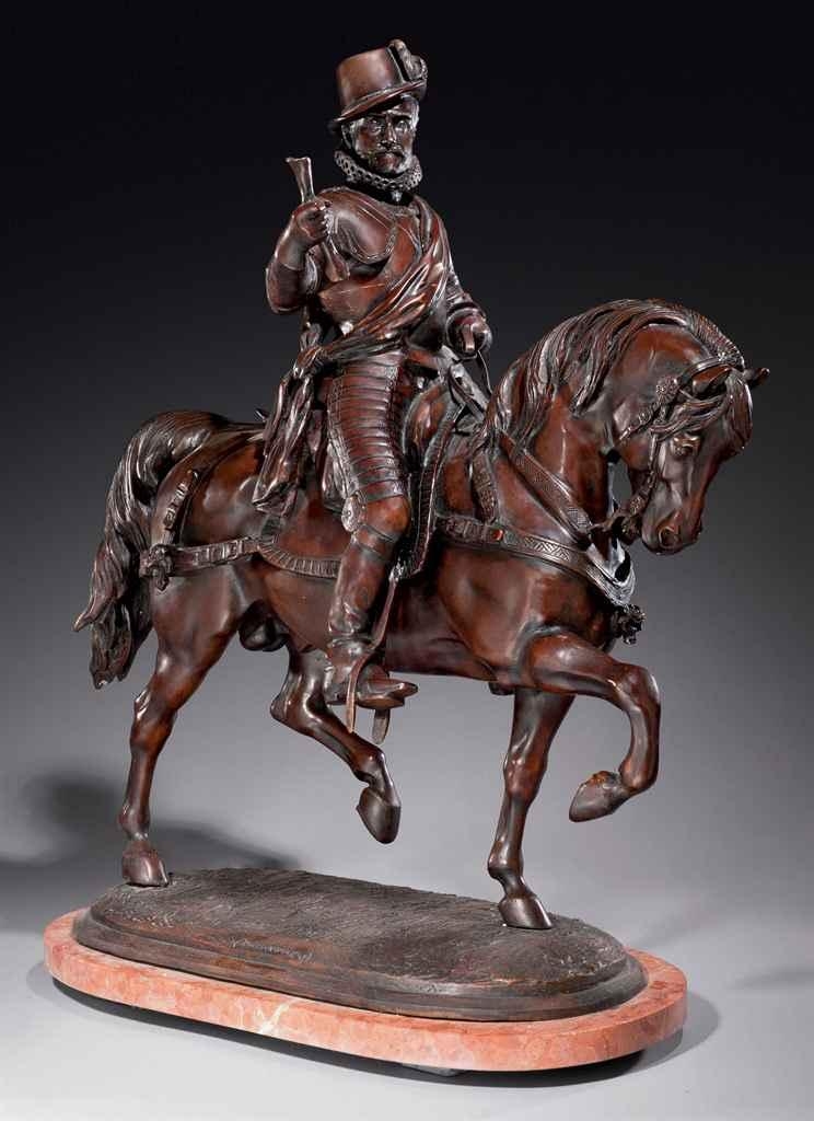 Artwork by Bucchingan, equestrian group depicting a horseman, Made of bronze, patin, marble base