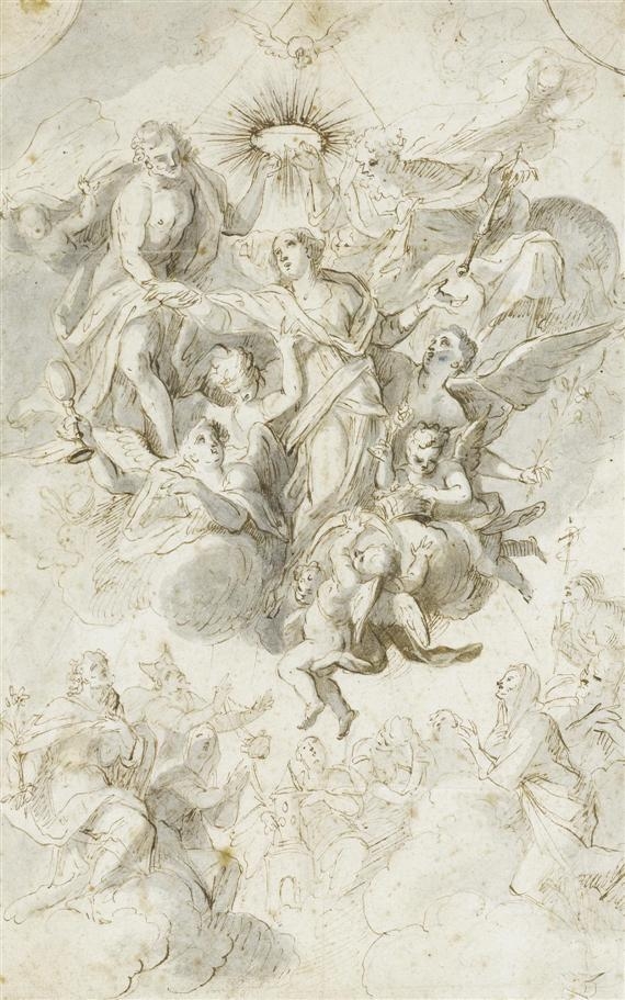 Artwork by German School, 18th Century, Mary's ascension into Heaven, Made of Brown pen, with grey wash