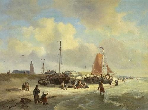 SAILING SHIPS AT THE SHORE by Georg Willem Opdenhoff