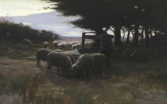 Sheep by a well by Herman Johannes van der Weele
