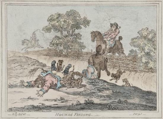 4 Works: Caricature hunting scenes, Hounds Finding, Hounds Throwing-Off, Hounds in Full-Cry, Coming-In at the Death by James Gillray