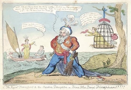 3 Works: The Royal Transport & the Captive Daughter or, Prince Blue Beard Triumphant!!!! and The R__t Kicking up a Row, or, Warwick House in an Uproar!!! by George Cruikshank, 1814