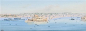 2 Works: View of Valetta Harbour, Maltese Fishing Boat - Giovanni d'Antonio Minello di Bardi