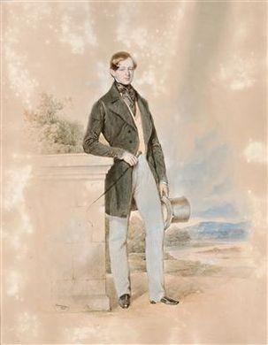 A portrait of Count Paul Palffy at the age of 18 years, standing in a landscape by Josef Kriehuber, 1845