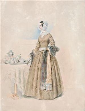A portrait of Duchess Leopoldine Karoline Palffy, née Countess Kaunitz-Rietberg (wife of the third duke Karl Palffy), standing at a laid table by Josef Kriehuber