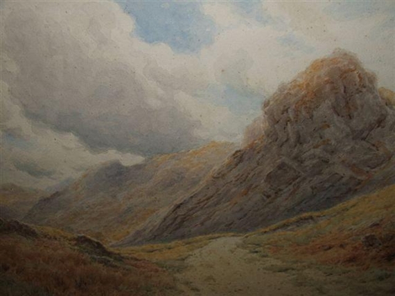 A moody landscape painting of a rugged mountain range under a cloudy sky.