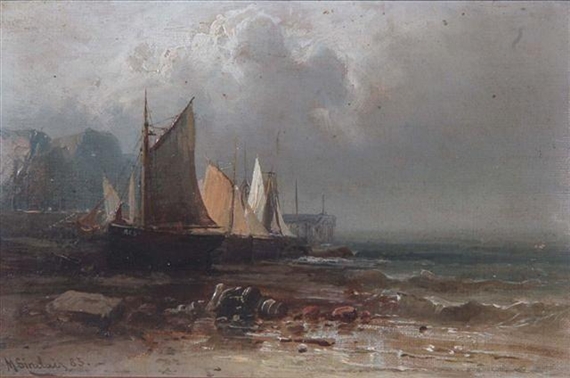 Coastal view at dusk with moored sailing vessels by M. Sinclair, 1883
